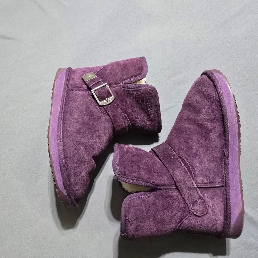 Booroo Suede Ankle Boots Women Size 8 Purple Faux Fur Lined Buckle Strap